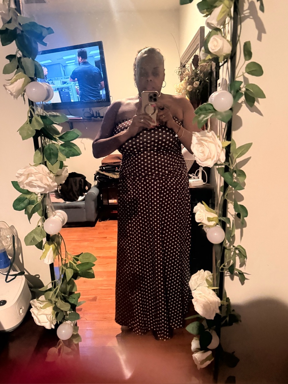 Elegant Strapless Brown Polka Dot Maxi Dress - Picture 5 of 6